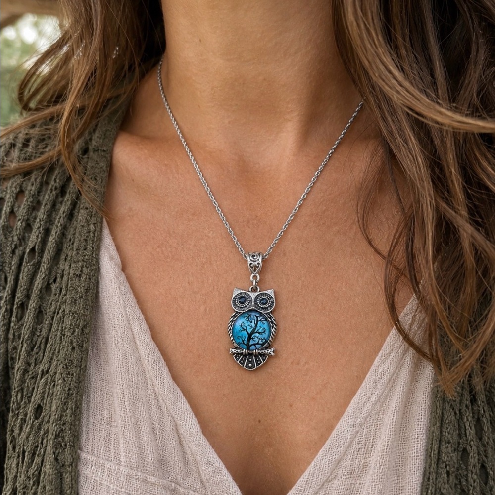 Owl Tree Pendant Necklace Silver Tone Blue Cabochon 19”
